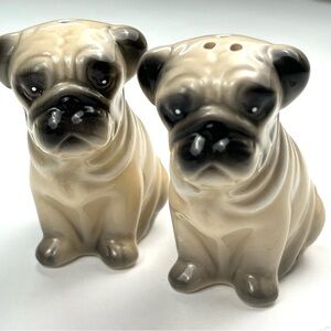 Pug Puppies Glazed Ceramic Salt and Pepper Shakers Set Ivory/Brown Dog Lover